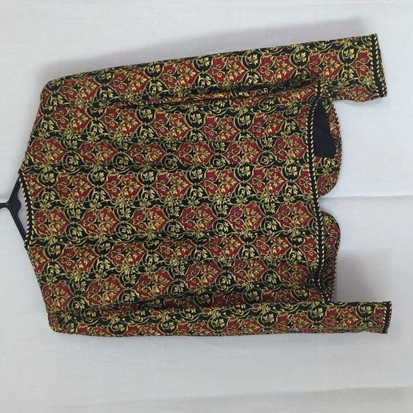 Maggy London Gold Red Black Damask Buttoned Cardigan Silk Size 6 Petite - Picture 6 of 6